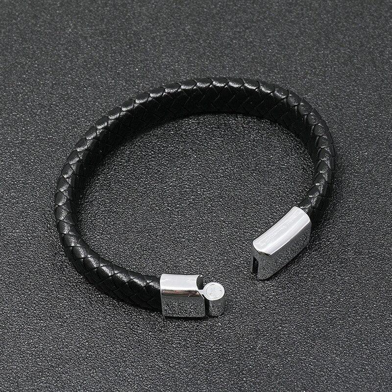 Classic Black Leather Bracelet With Silver Clasp-Personalised Bracelet-Auswara