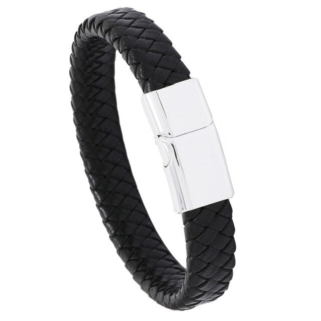 Classic Black Leather Bracelet With Silver Clasp-Personalised Bracelet-Auswara