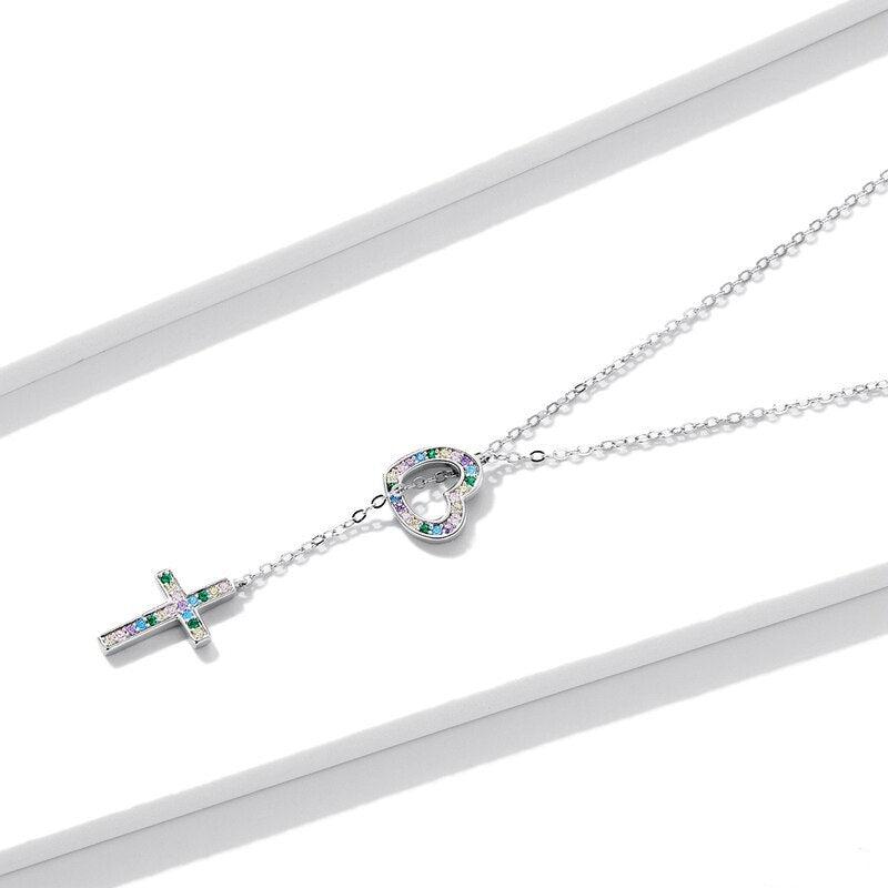 Coloured Zirconia Heart and Cross Pendant Necklace in Sterling Silver-Cross Necklace-Auswara