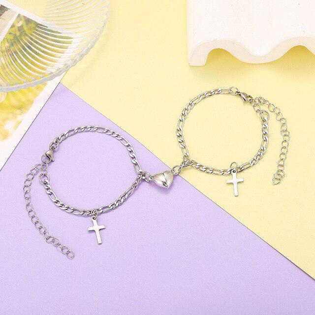 Couples Cross Charm Bracelet Set with Heart Magnet-Couple Bracelet-Auswara