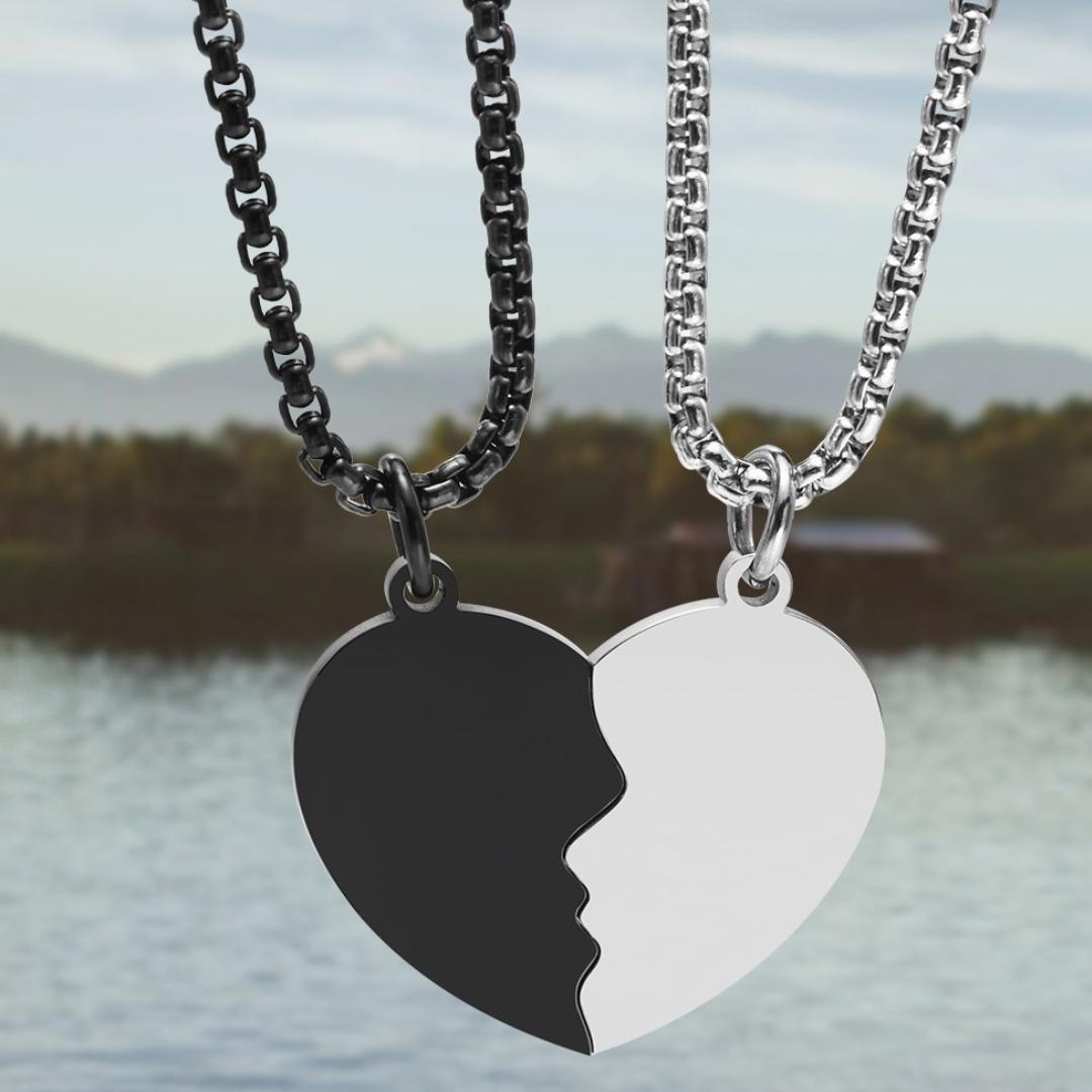 Couples Heart Puzzle Necklace in Black & Silver Colour-Couples Necklace-Auswara