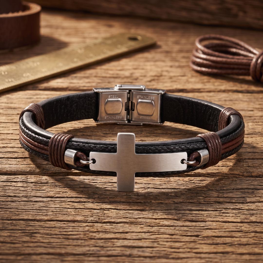 Covenant Men's Leather Cross Bracelet-Cross Bracelet-Auswara
