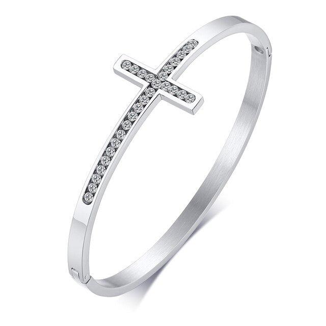 Cross Bangle with Cubic Zirconia for Women-Cross Bracelet-Auswara
