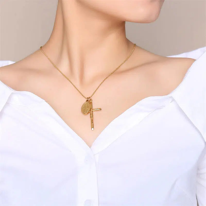 Cross Necklace With Oval Medallion Pendant-Cross Necklace-Auswara