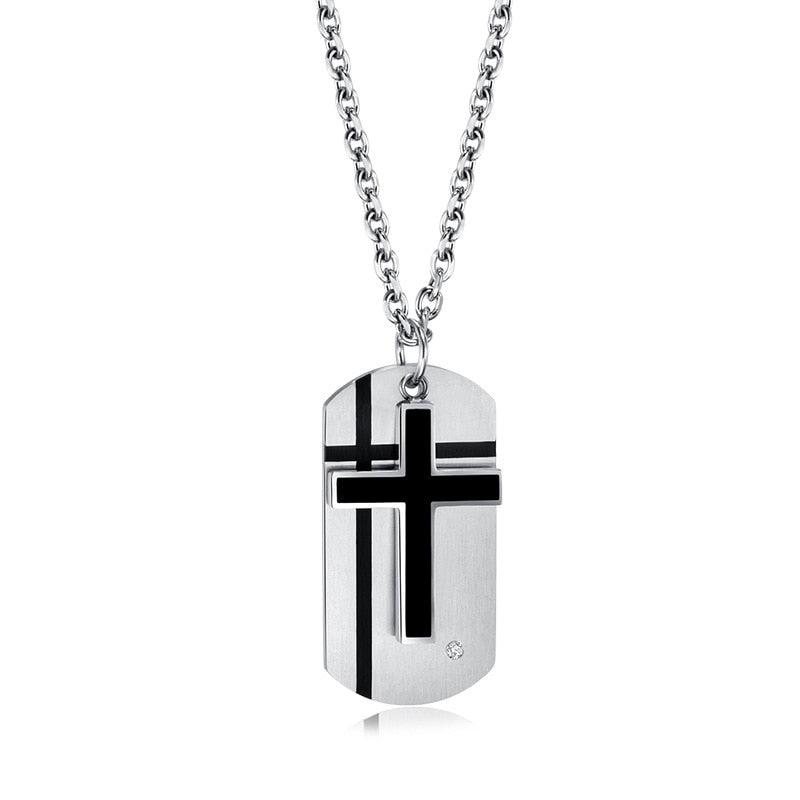 Cross and Dog Tag Necklace with Cubic Zirconia-Cross Necklace-Auswara