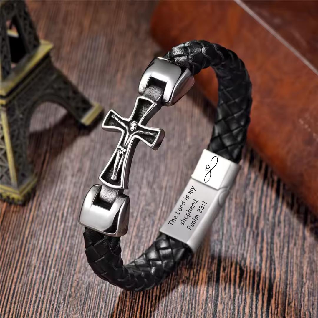 CruxBond Personalised Crucifix Leather Bracelet-Personalised Bracelet-Auswara