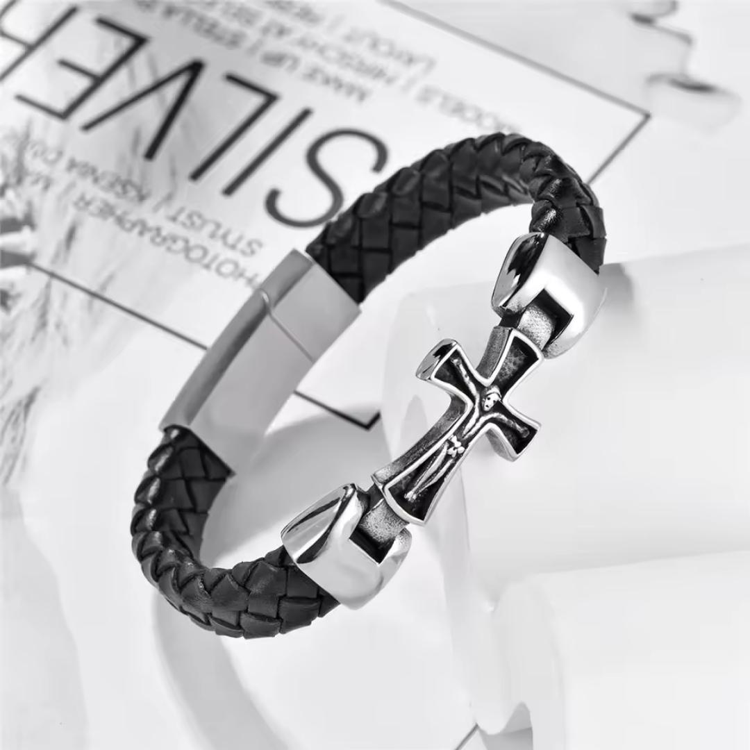 CruxBond Personalised Crucifix Leather Bracelet-Personalised Bracelet-Auswara
