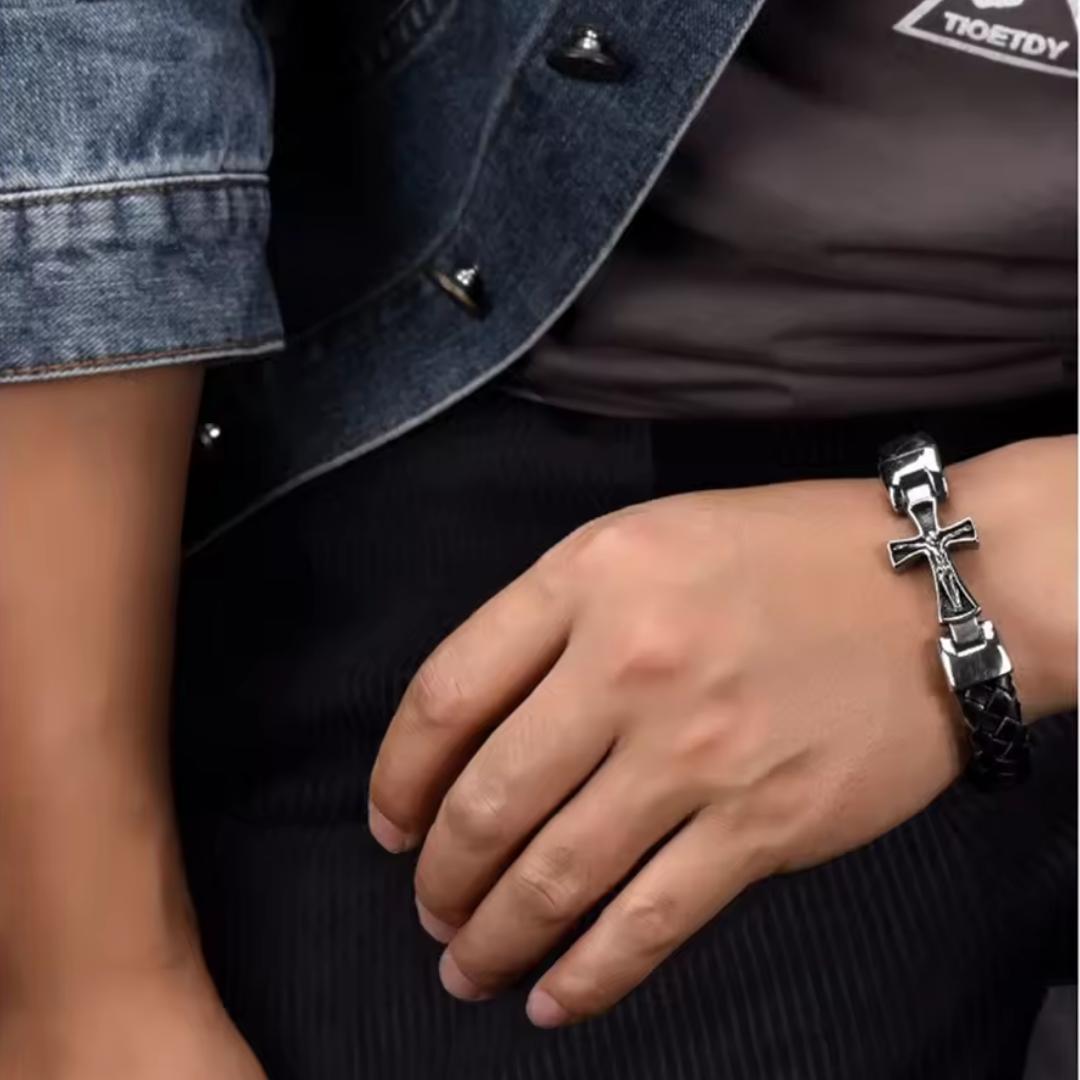 CruxBond Personalised Crucifix Leather Bracelet-Personalised Bracelet-Auswara
