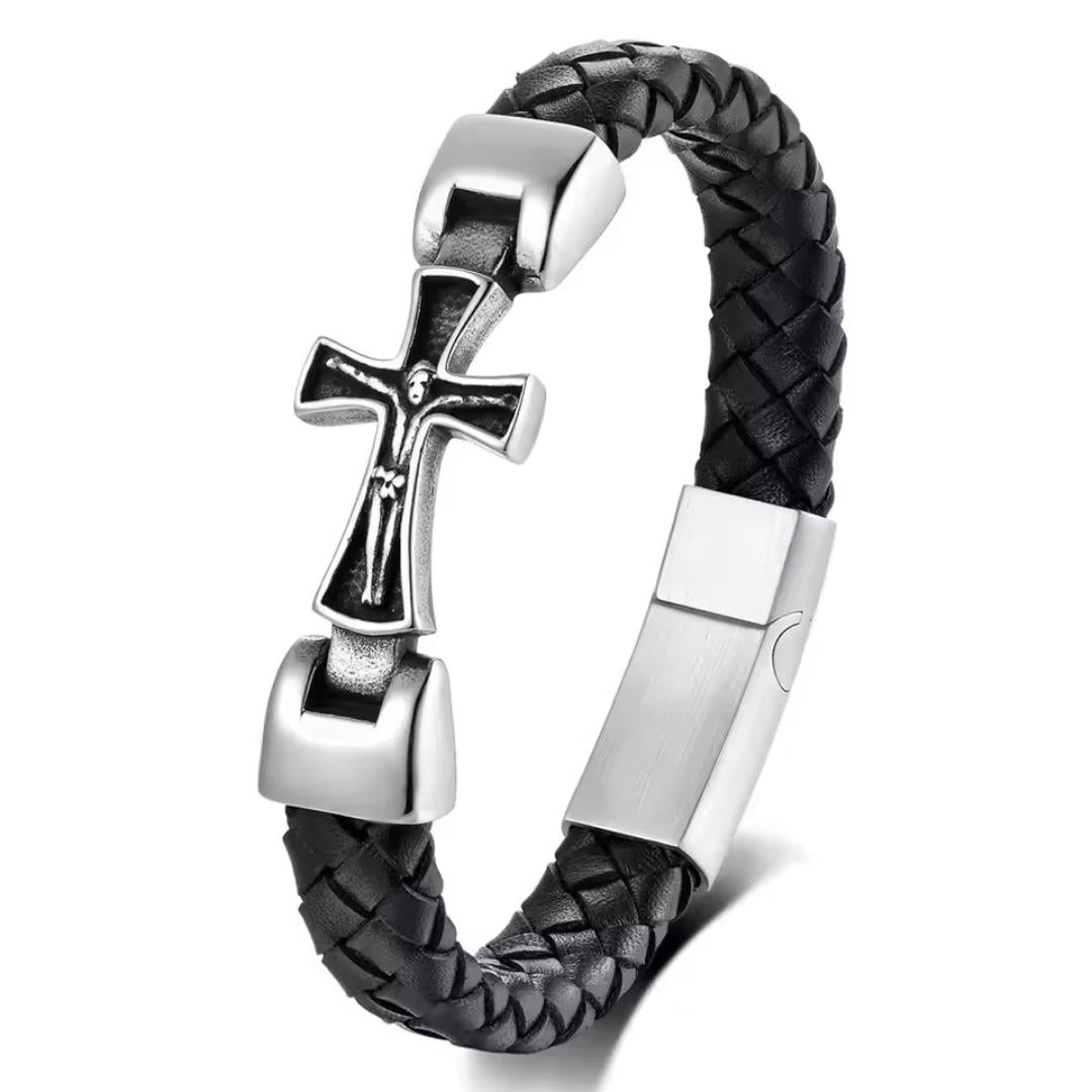 CruxBond Personalised Crucifix Leather Bracelet-Personalised Bracelet-Auswara