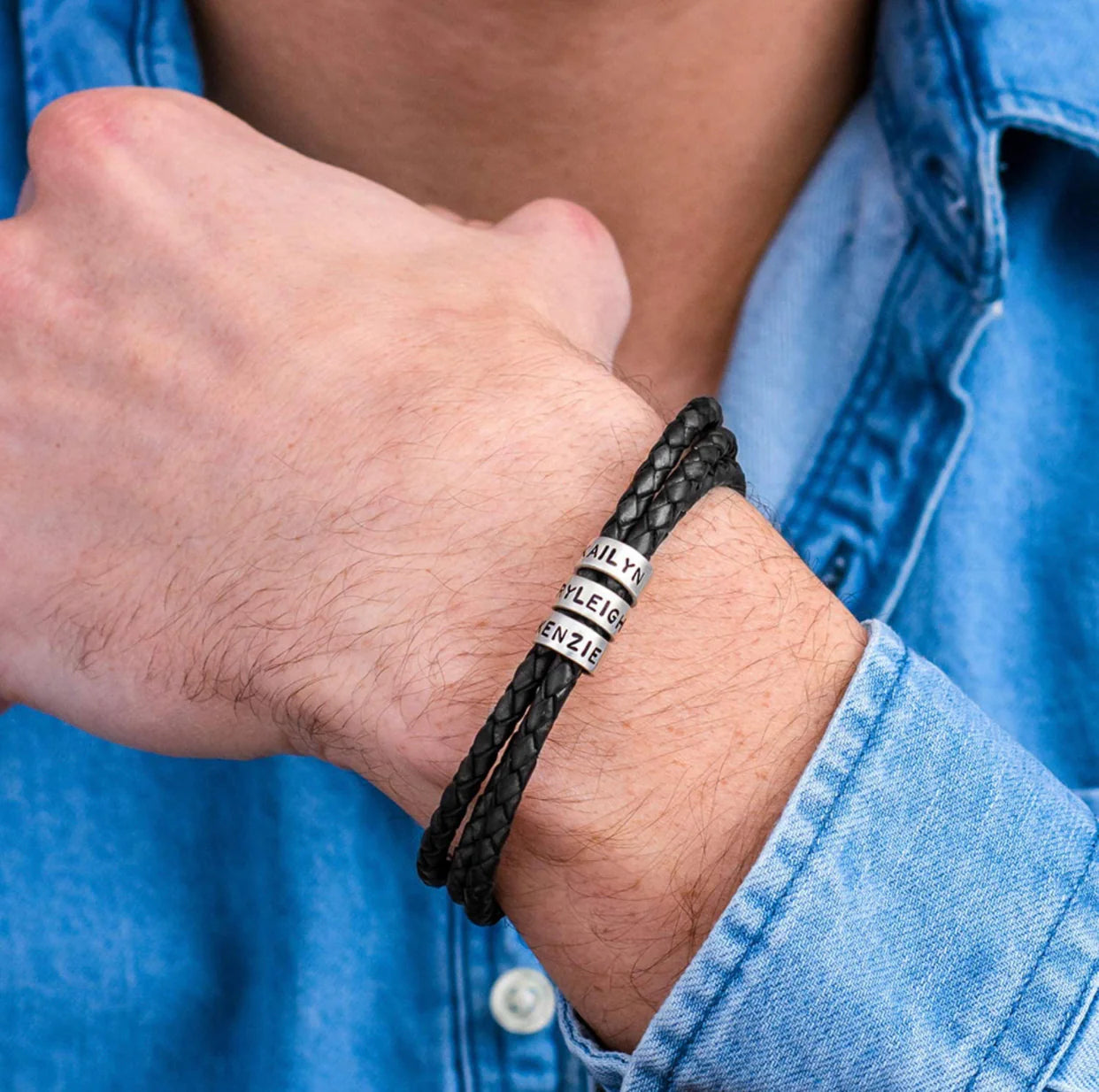 Custom Engraved Black Braided Leather Bracelet - Unisex