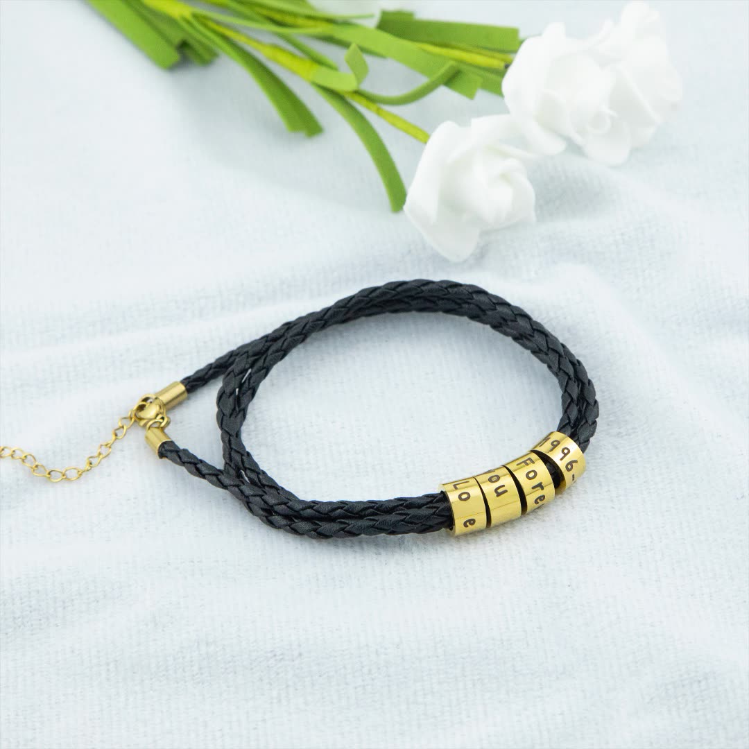 Custom Engraved Black Braided Leather Bracelet - Unisex