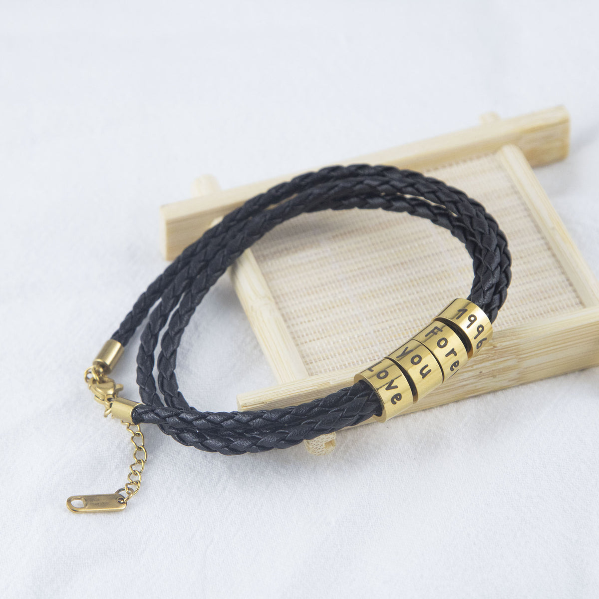 Custom Engraved Black Braided Leather Bracelet - Unisex
