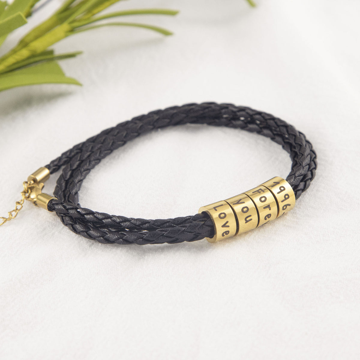 Custom Engraved Black Braided Leather Bracelet - Unisex