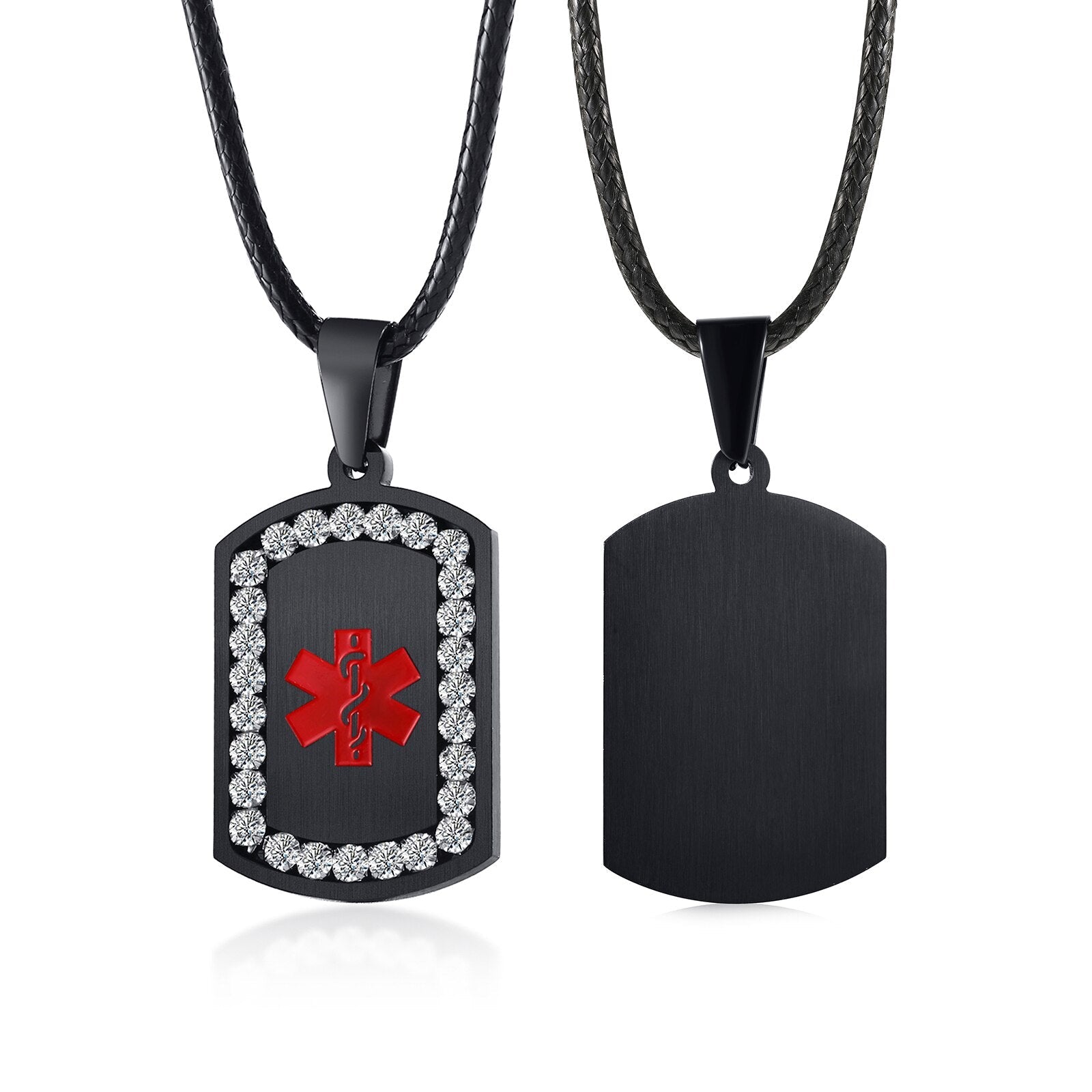 Customisable Black Medical Alert Dog ID Necklace with Cubic Zirconia-Medical Necklace-Auswara