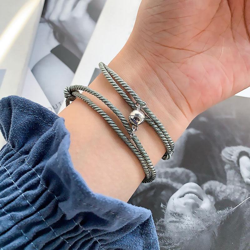 Dark Grey Magnetic Couple Rope Bracelets with Hearts-Couple Bracelet-Auswara