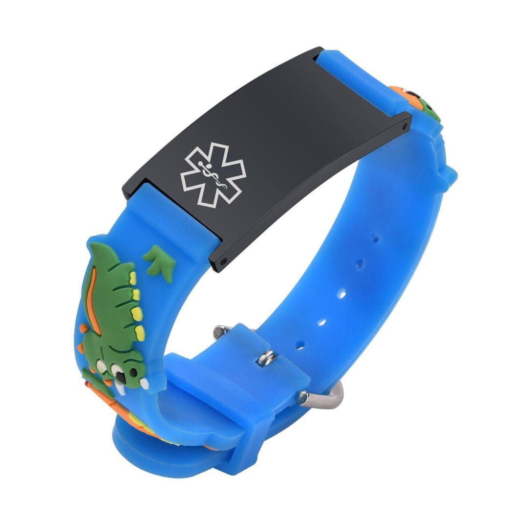 Dino Blue Silicone Kids Medical Alert Bracelet with Silver Bar - DA-Kids Medical Alert Bracelet-Auswara