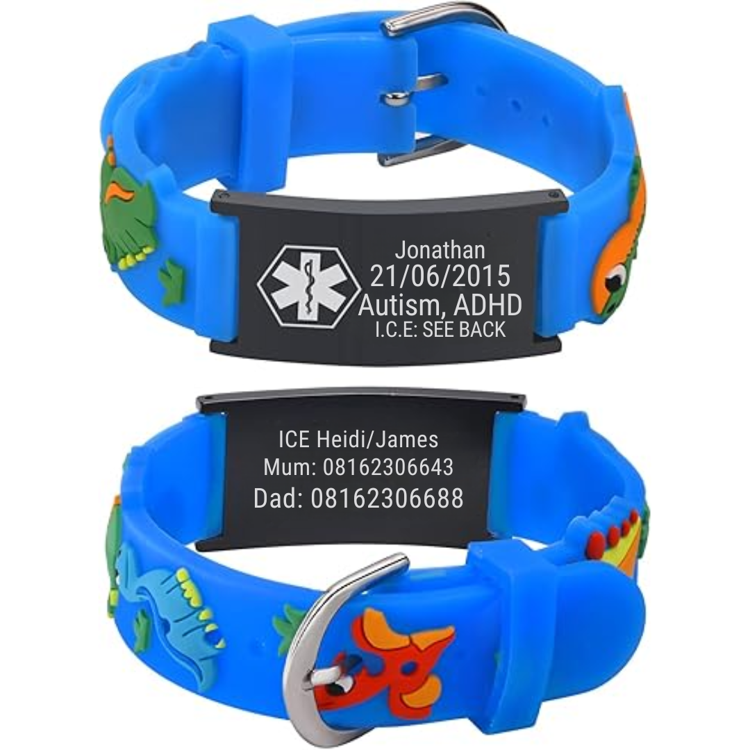 Dino Blue Silicone Kids Medical Alert Bracelet