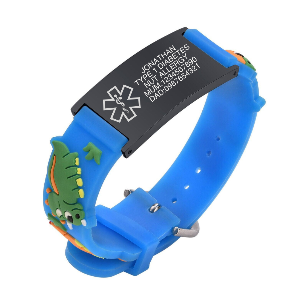 Dino Blue Silicone Kids Medical Alert Bracelet