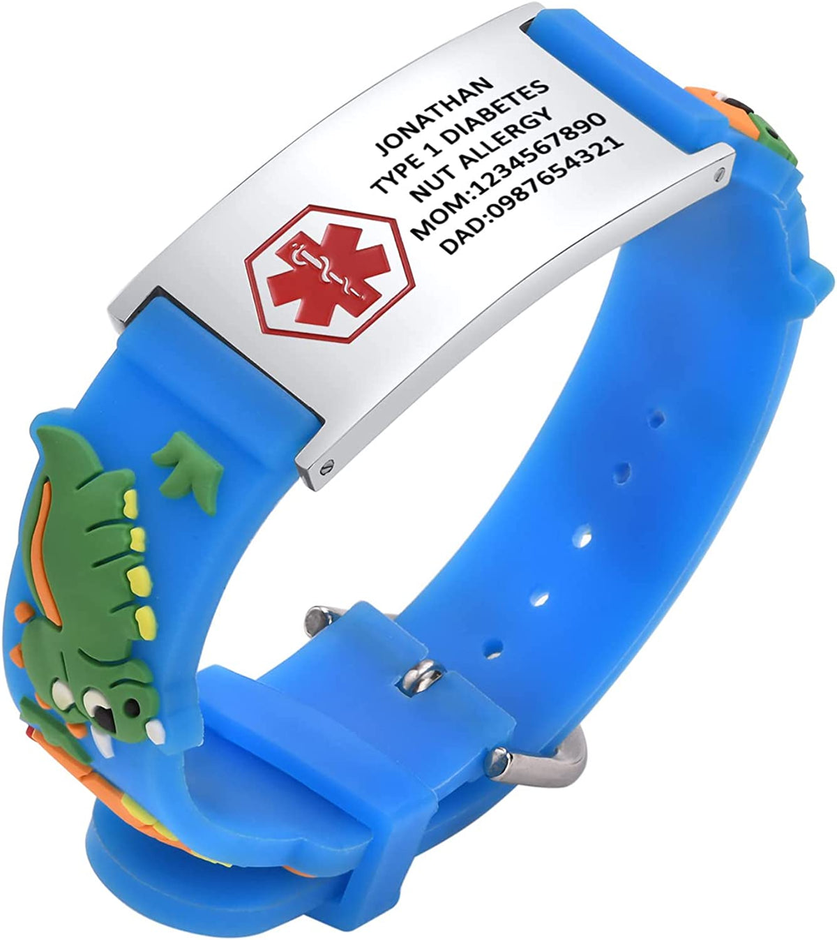 Dino Blue Silicone Kids Medical Alert Bracelet with Silver Bar - DA-Kids Medical Alert Bracelet-Auswara