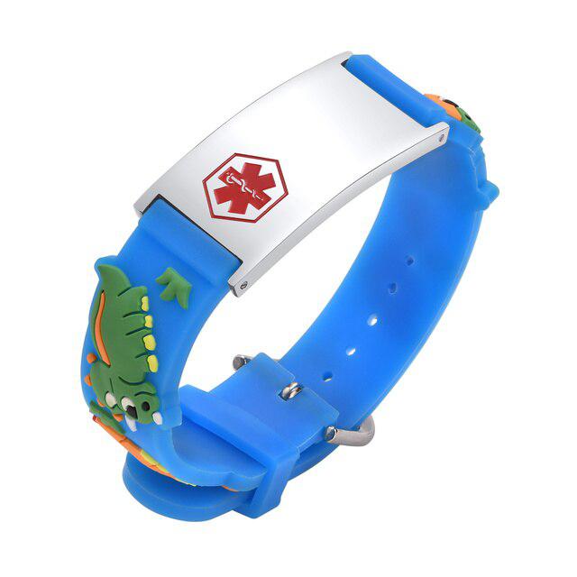 Dino Blue Silicone Kids Medical Alert Bracelet with Silver Bar-Kids Medical Alert Bracelet-Auswara