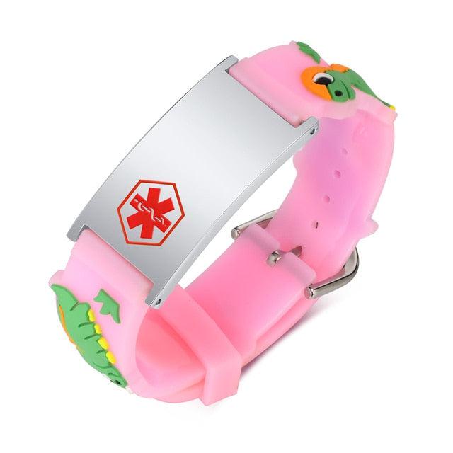 Dino Pink Silicone Kids Medical Alert Bracelet-Kids Medical Alert Bracelet-Auswara