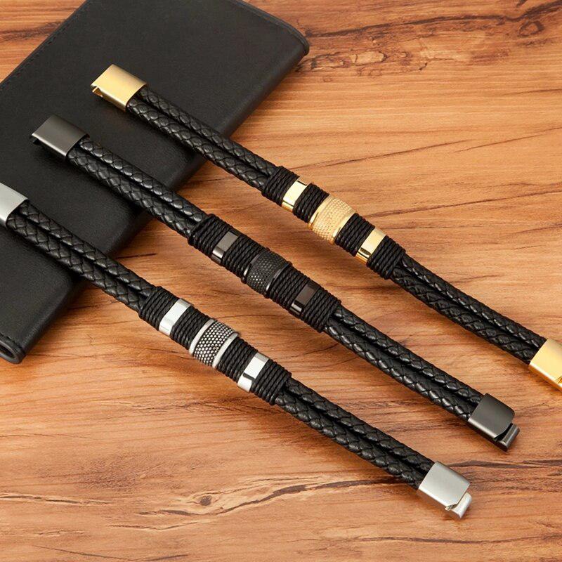 Double Braided Leather Layer with Classic Steel-Leather Bracelet-Auswara