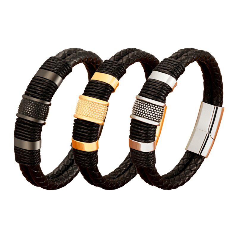 Double Braided Leather Layer with Classic Steel-Leather Bracelet-Auswara