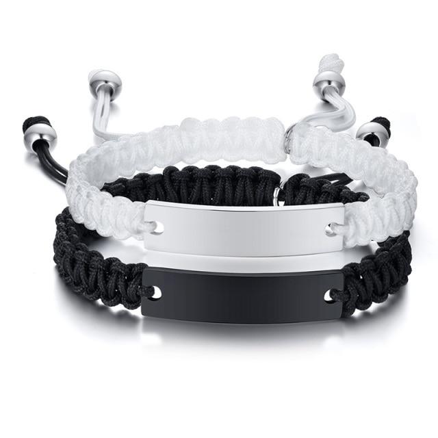 Engravable Black & White Matching Couples Bar Bracelets-Couple Bracelet-Auswara