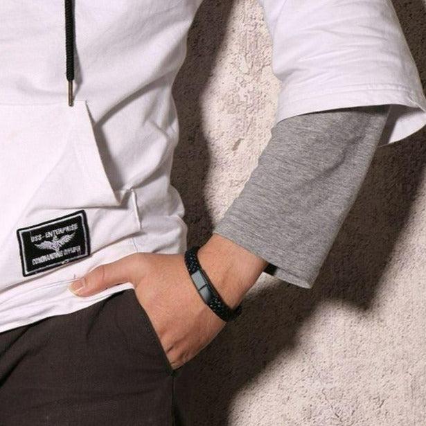 Engravable Braided Leather Bracelet with Black Bar (template clasp no symbols)-Personalised Bracelet-Auswara