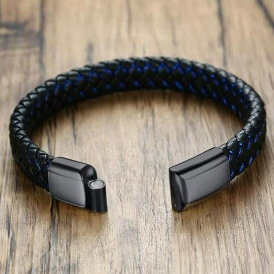 Engravable Braided Leather Bracelet with Black Bar (template clasp no symbols)-Personalised Bracelet-Auswara