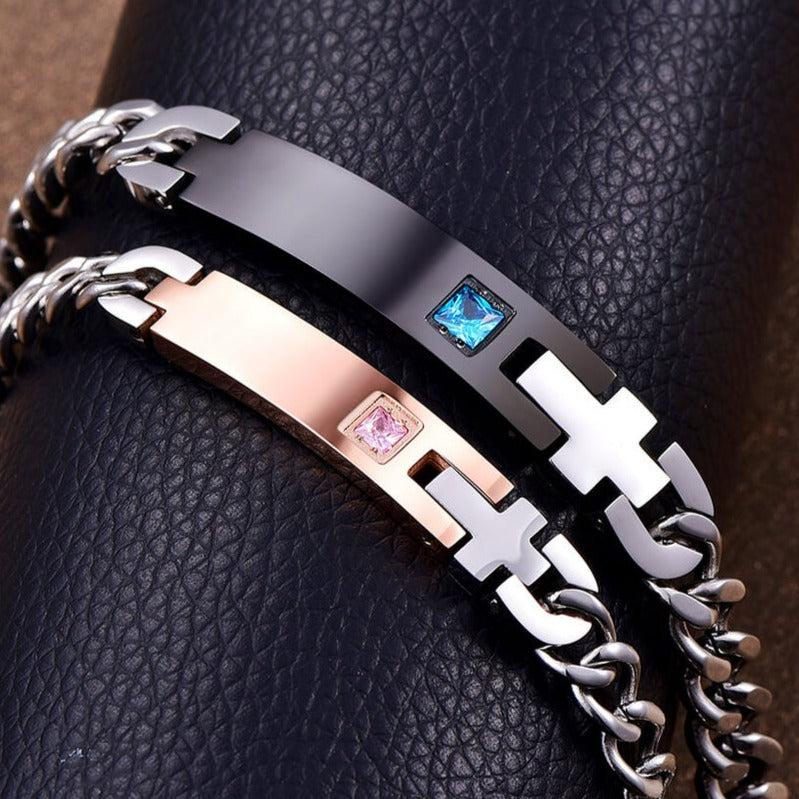 Engravable Couples Chain Bracelet with Cubic Zirconia-Couple Bracelet-Auswara