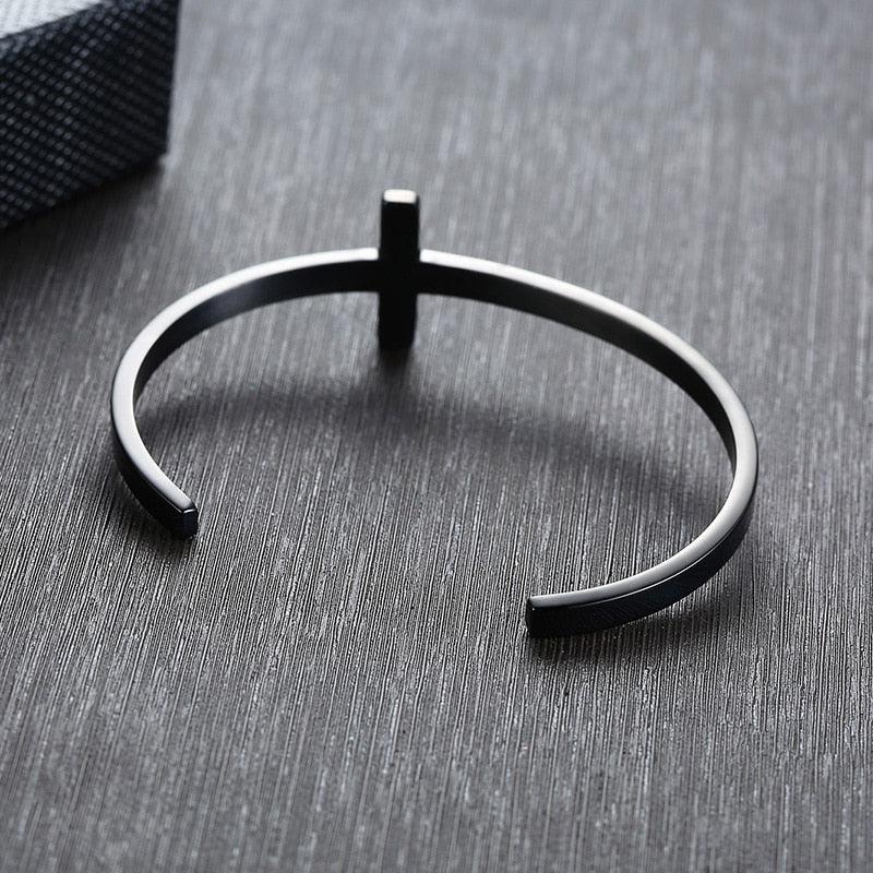 Engravable Unisex Black Plated Cross Cuff Christian Bracelet-Cross Bracelet-Auswara