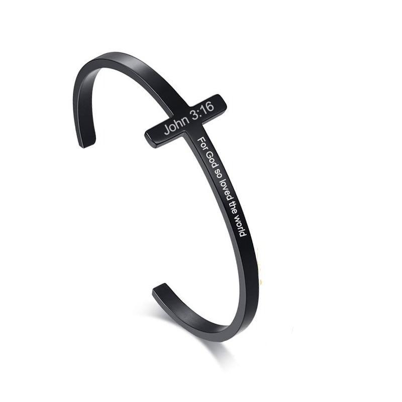 Engravable Unisex Black Plated Cross Cuff Christian Bracelet-Cross Bracelet-Auswara