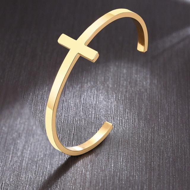 Engravable Unisex Gold Colour Cross Cuff Christian Bracelet-Cross Bracelet-Auswara