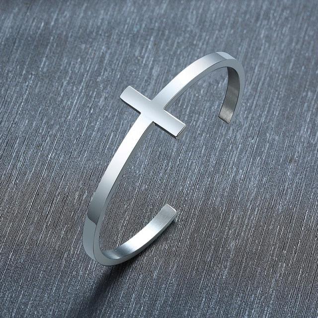 Engravable Unisex Steel Colour Cross Cuff Christian Bracelet-Cross Bracelet-Auswara