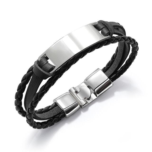 Engraved Bracelet in Stainless Steel & Black Leather-Personalised Bracelet-Auswara