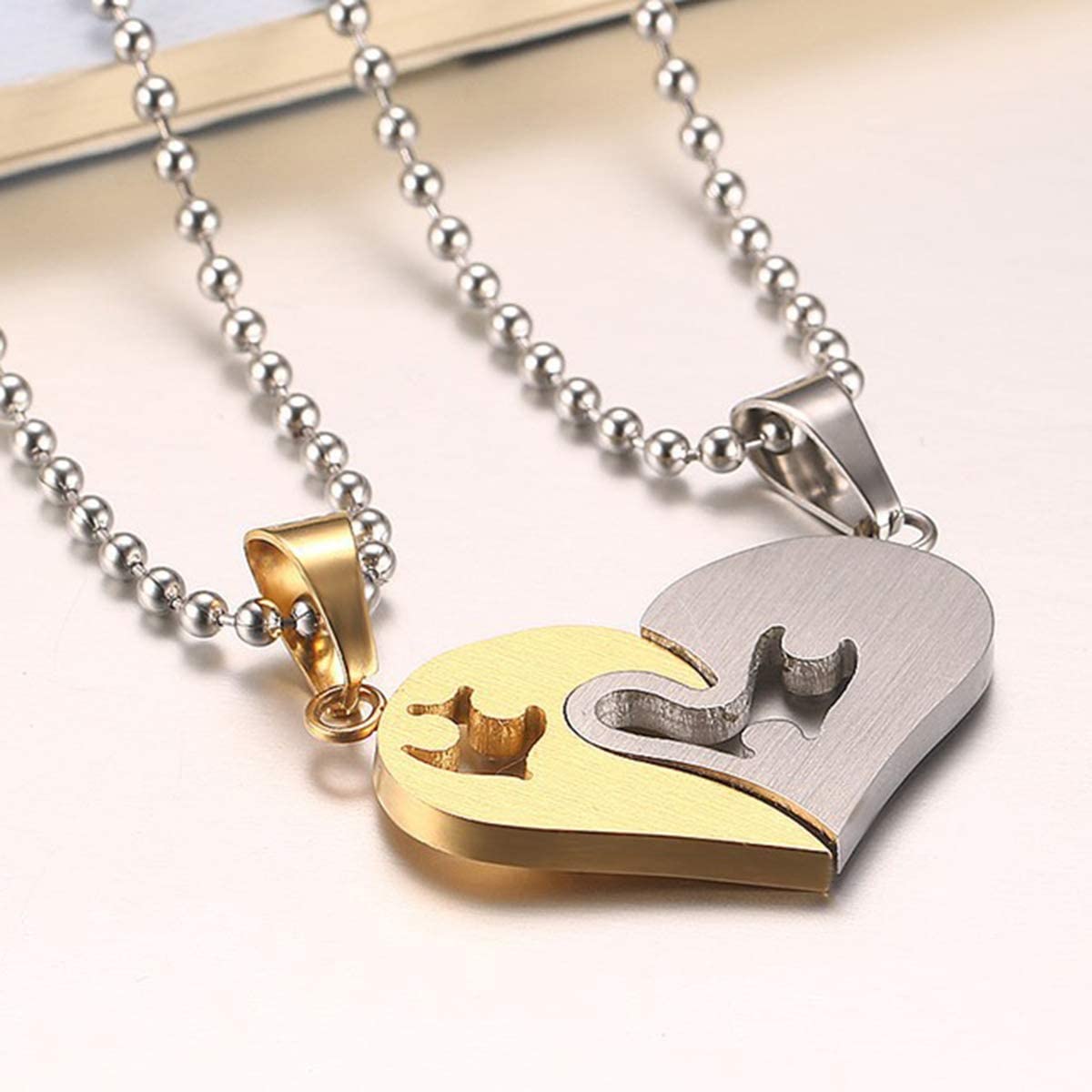 Engraved Heart Puzzle Couples Necklace with Cubic Zirconia – Silver and Gold-Couples Necklace-Auswara