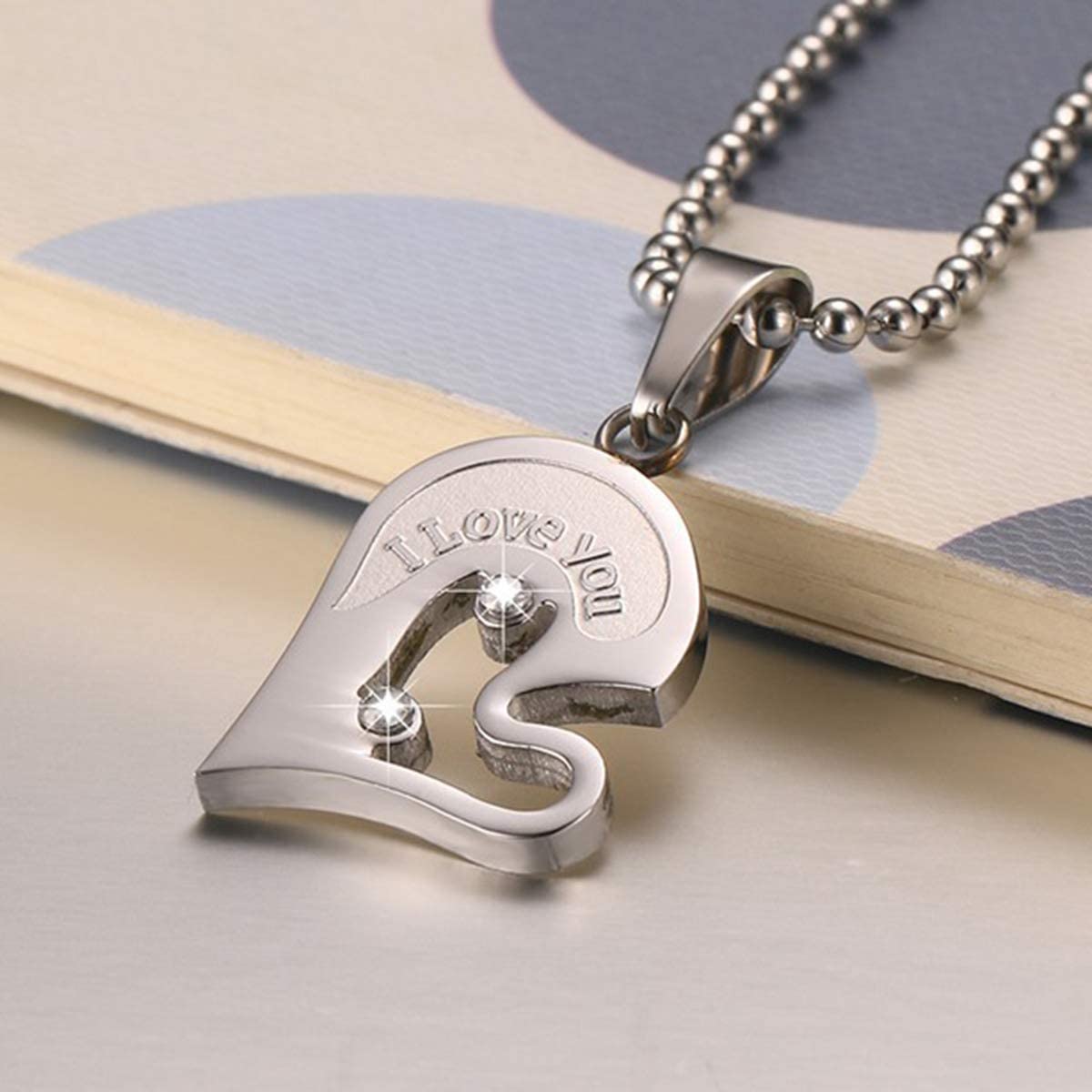 Engraved Heart Puzzle Couples Necklace with Cubic Zirconia – Silver and Gold-Couples Necklace-Auswara