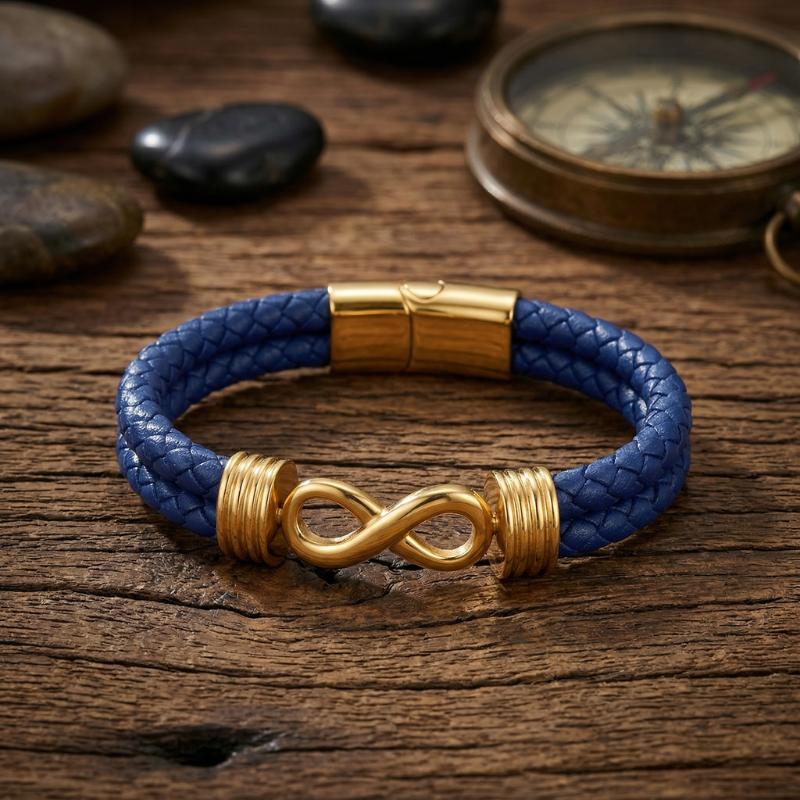EternaLink Women’s Double Braided Blue Leather Infinity Bracelet-Personalised Bracelet-Auswara