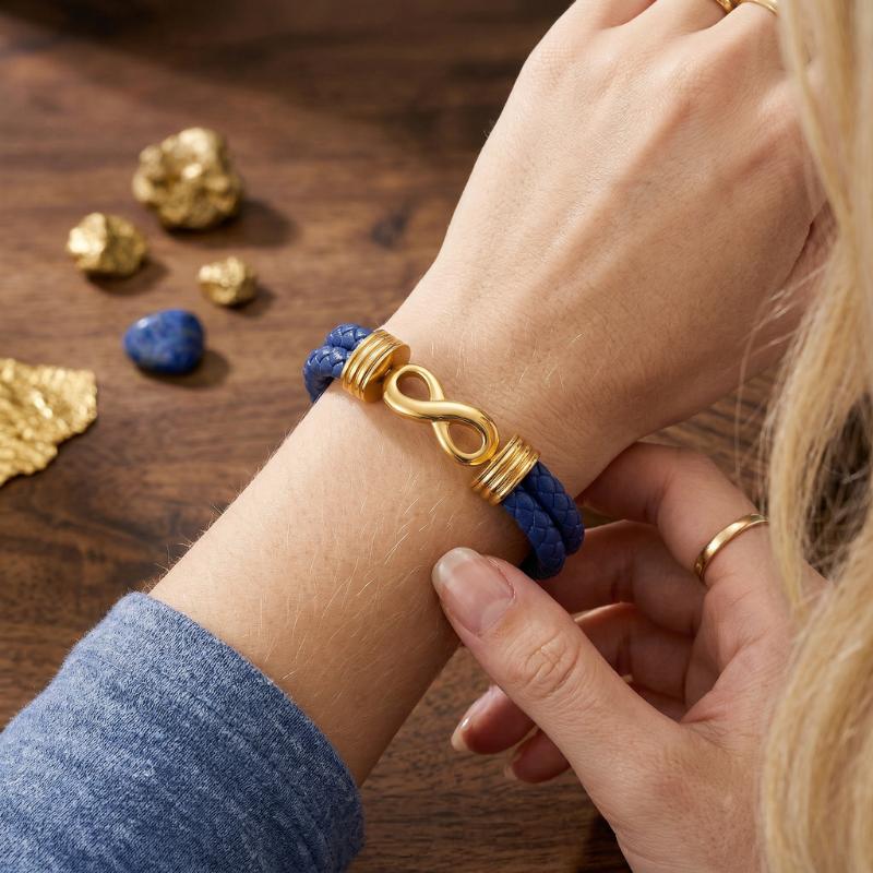 EternaLink Women’s Double Braided Blue Leather Infinity Bracelet-Personalised Bracelet-Auswara