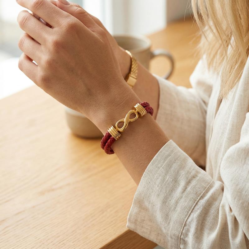 EternaLink Women’s Double Braided Red Leather Infinity Bracelet-Personalised Bracelet-Auswara