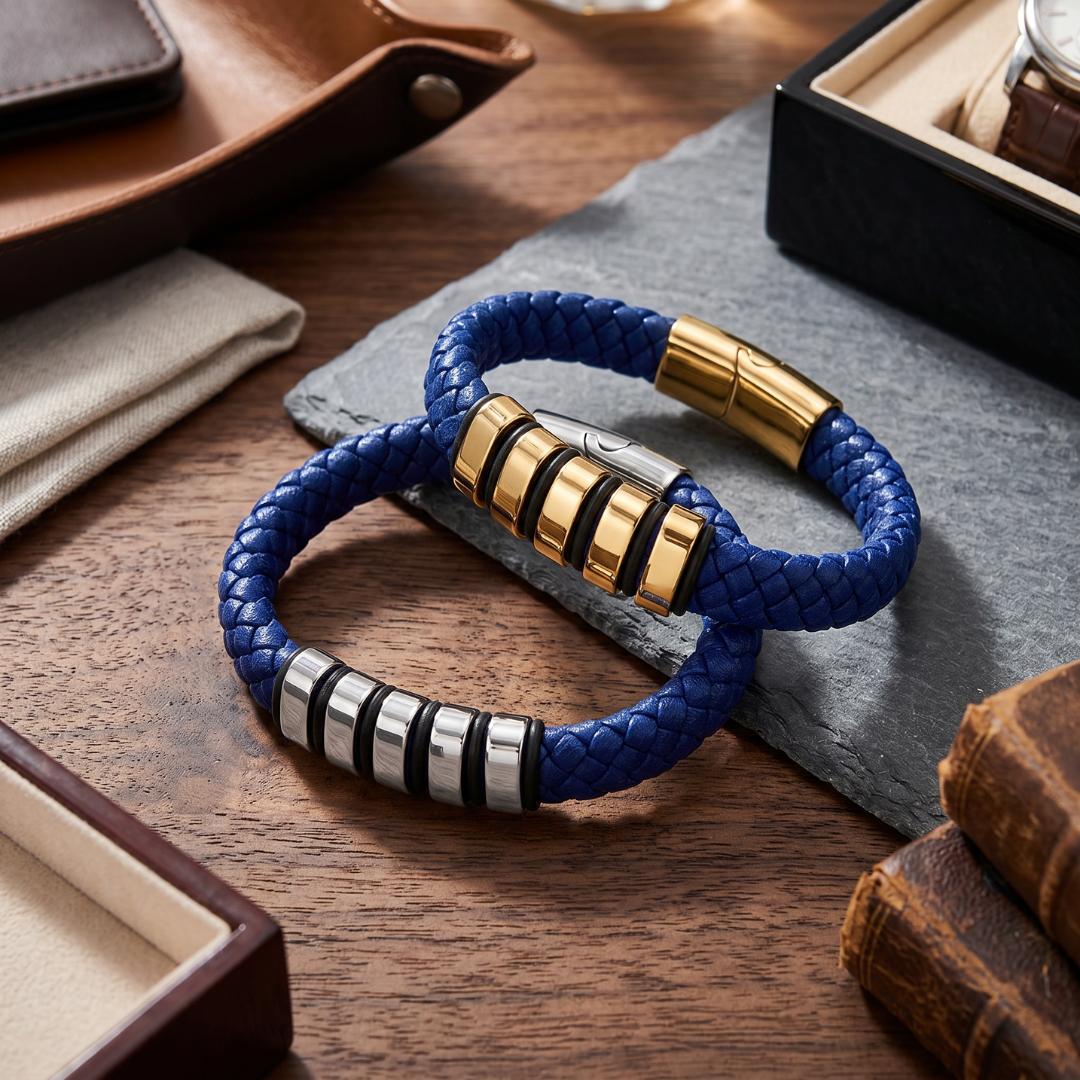 Everloop Women’s Personalised Blue Leather Bracelet-Personalised Bracelet-Auswara