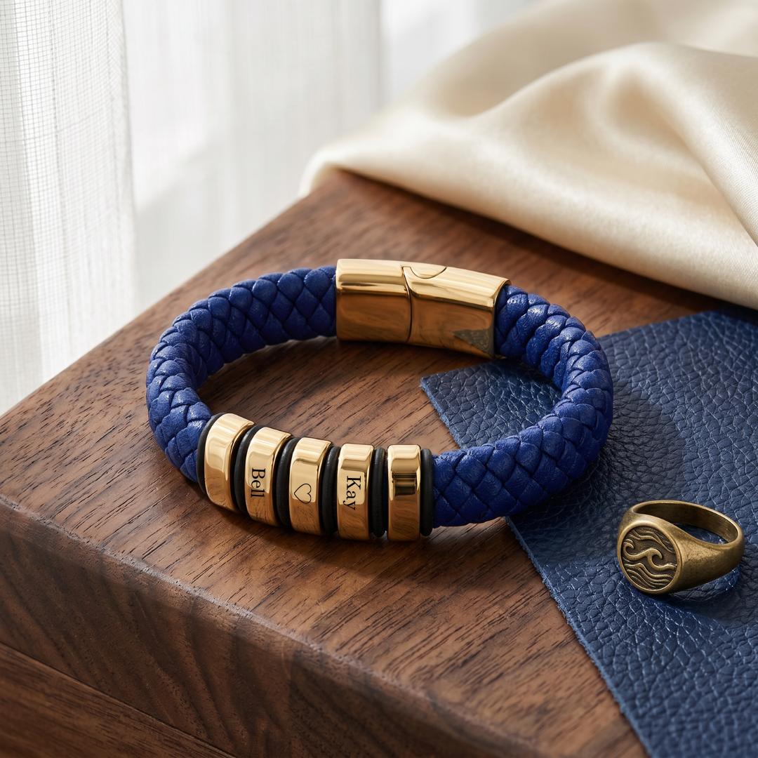 Everloop Women’s Personalised Blue Leather Bracelet-Personalised Bracelet-Auswara