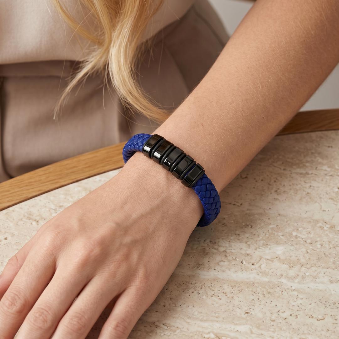 Everloop Women’s Personalised Blue Leather Bracelet-Personalised Bracelet-Auswara