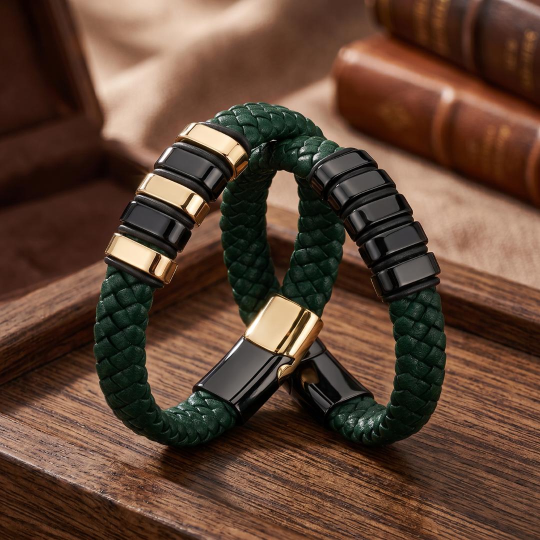 Everloop Women’s Personalised Green Leather Bracelet-Personalised Bracelet-Auswara