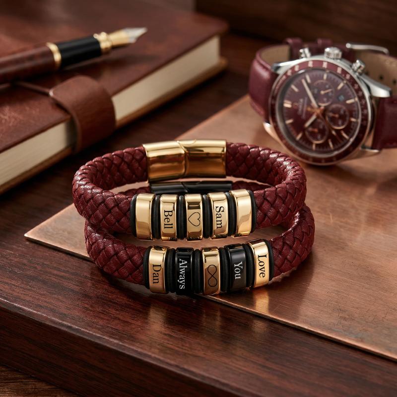 Everloop Women’s Personalised Red Leather Bracelet-Personalised Bracelet-Auswara