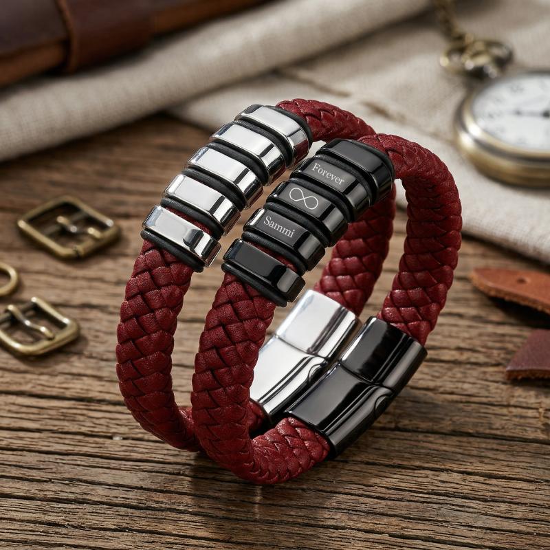 Everloop Women’s Personalised Red Leather Bracelet-Personalised Bracelet-Auswara