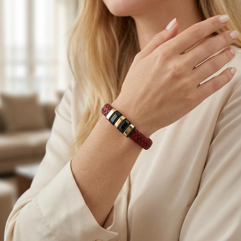 Everloop Women’s Personalised Red Leather Bracelet-Personalised Bracelet-Auswara