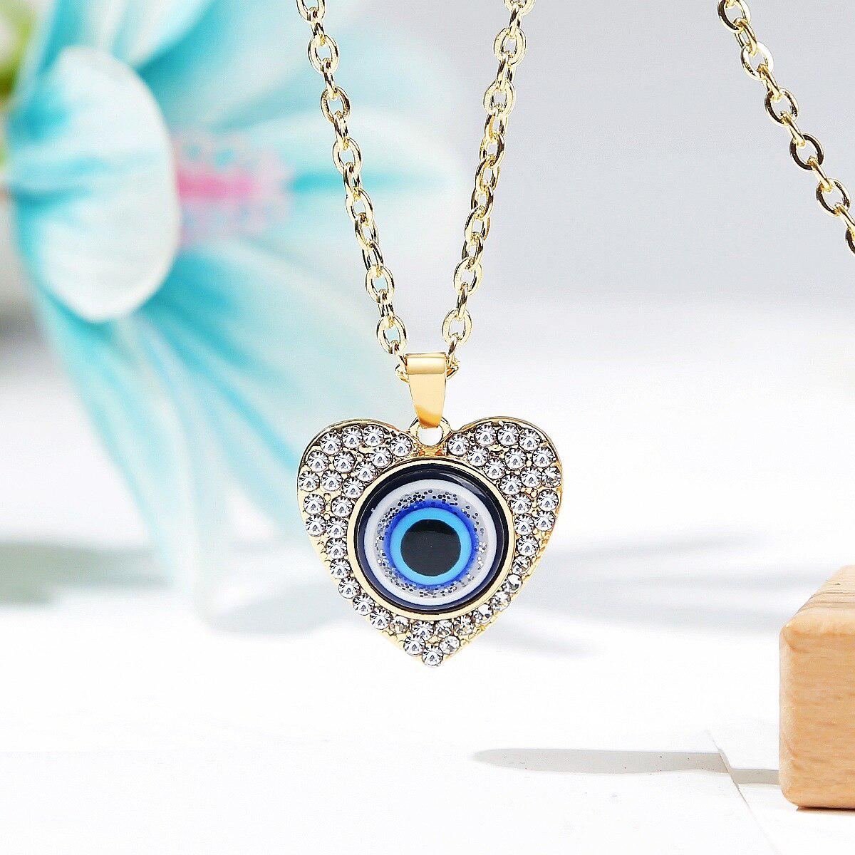 Evil Eye Heart Necklace with Cubic Zirconia-Evil Eye Necklace-Auswara