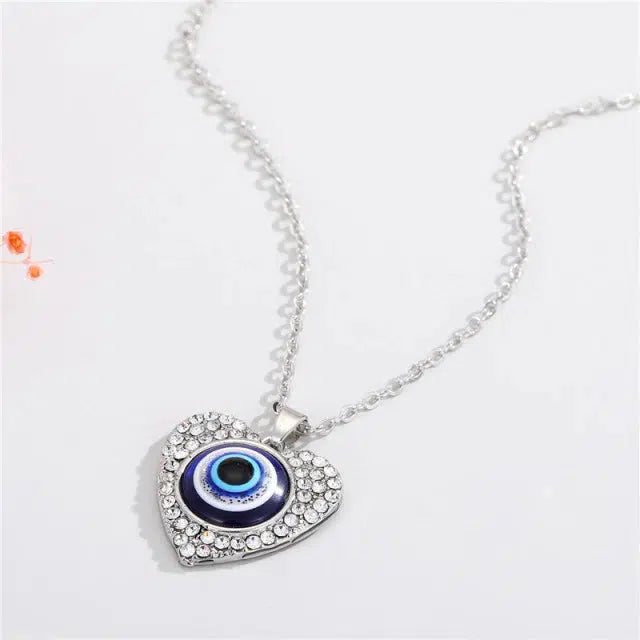 Evil Eye Heart Necklace with Cubic Zirconia in Silver Colour-Evil Eye Necklace-Auswara